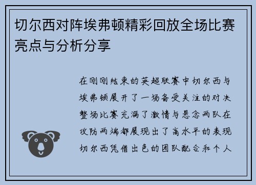 切尔西对阵埃弗顿精彩回放全场比赛亮点与分析分享