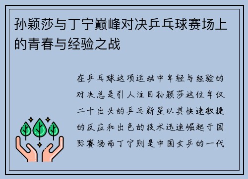 孙颖莎与丁宁巅峰对决乒乓球赛场上的青春与经验之战
