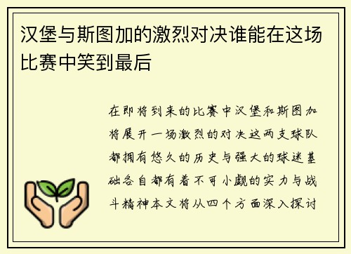 汉堡与斯图加的激烈对决谁能在这场比赛中笑到最后