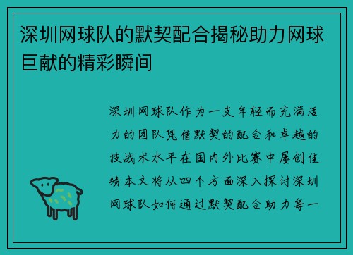 深圳网球队的默契配合揭秘助力网球巨献的精彩瞬间