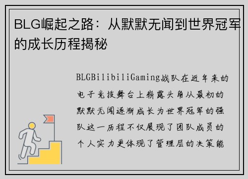 BLG崛起之路：从默默无闻到世界冠军的成长历程揭秘