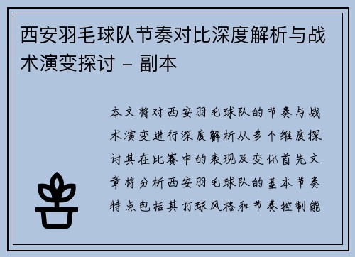 西安羽毛球队节奏对比深度解析与战术演变探讨 - 副本